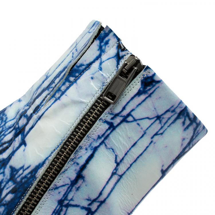Pre Owned McQ by Alexander McQueen Blue and White Printed Leather Geffrye Boots Size 39