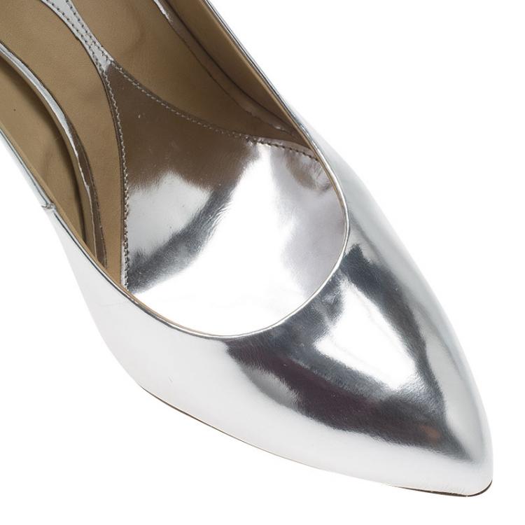 Pre Owned McQ by Alexander McQueen Silver Patent Studded Metallic Pointed Toe Pumps Size 38
