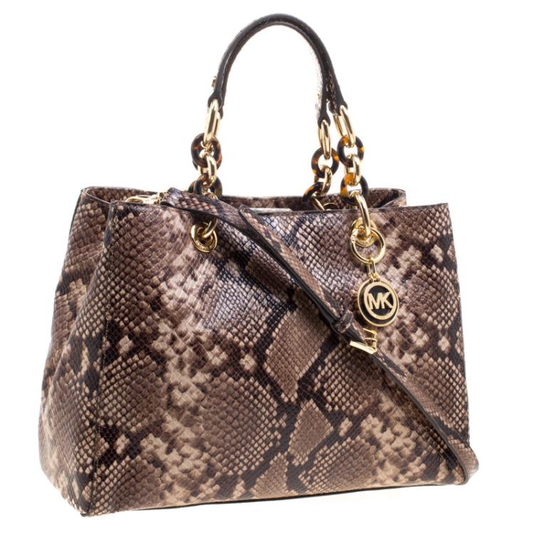 Pre Owned Michael Kors Beige Python Embossed Leather Cynthia Satchel