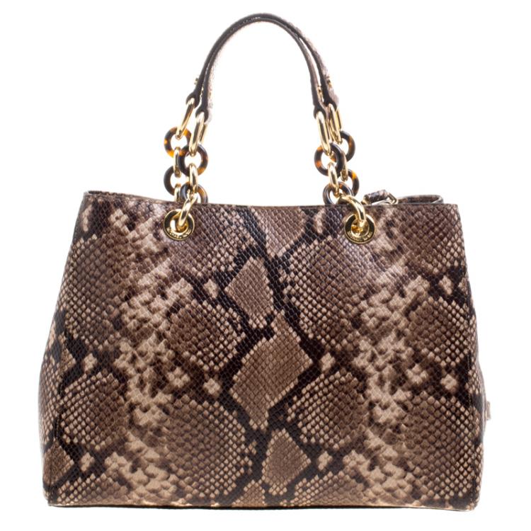 Pre Owned Michael Kors Beige Python Embossed Leather Cynthia Satchel