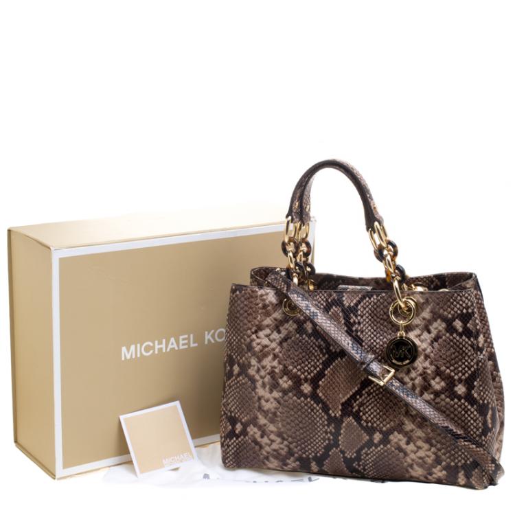 Pre Owned Michael Kors Beige Python Embossed Leather Cynthia Satchel