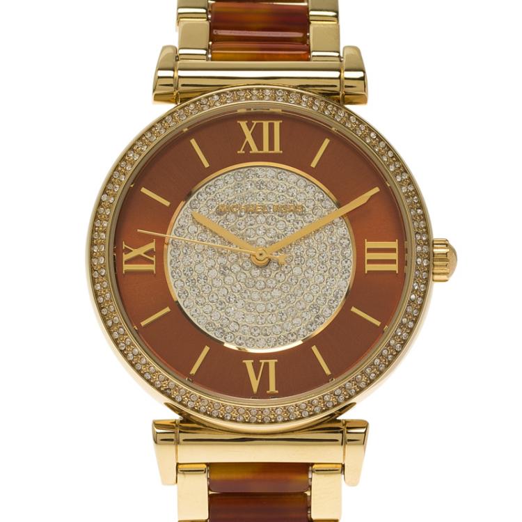 Pre Owned Michael Kors Brown Gold-Plated Stainless Steel Crystal MK3411 Women's Wristwatch 38MM