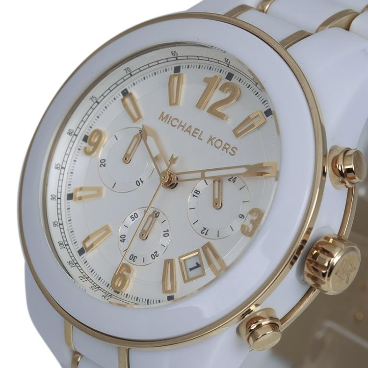 Pre Owned Michael Kors White Stainless Steel and Acetate MK5804 Women's Wristwatch 43MM