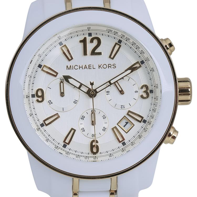 Pre Owned Michael Kors White Stainless Steel and Acetate MK5804 Women's Wristwatch 43MM