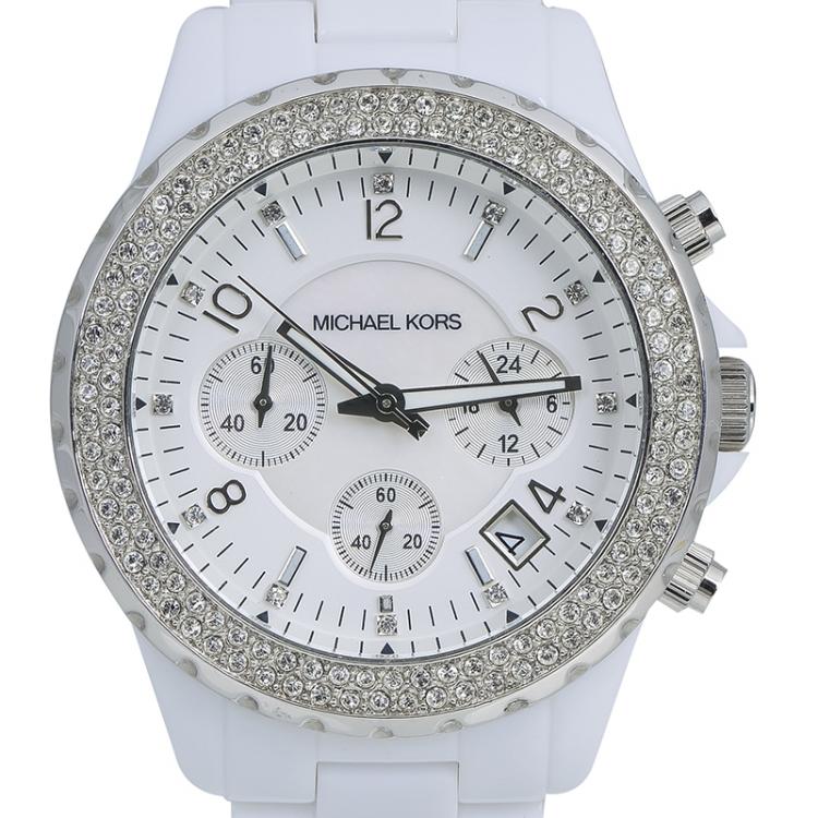 Pre Owned Michael Kors Silver Stainless Steel and Acetate Madison MK5300 Women's Wristwatch 39MM