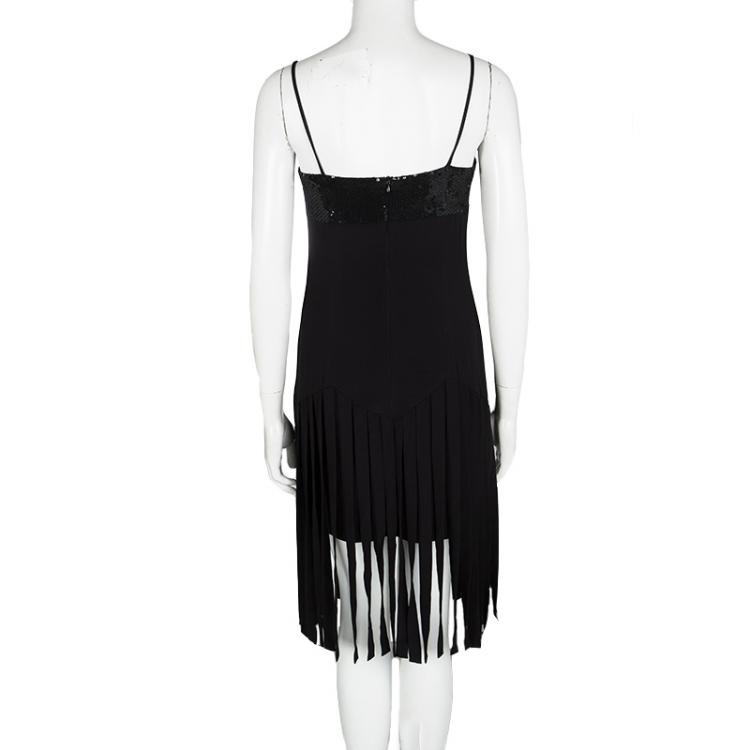 Pre Owned Michael Kors Black Sequin Embellished Fringe Bottom Sleeveless Dress S