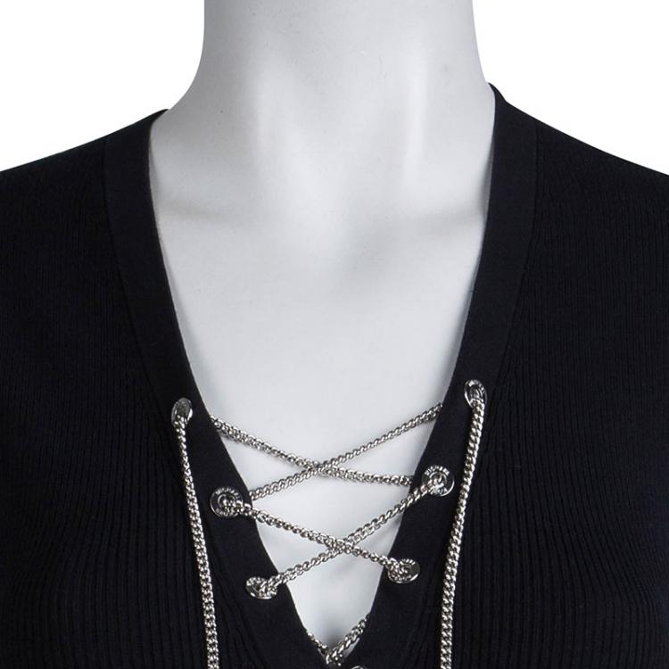 Pre Owned Michael Kors Black Rib Knit Chain Detail Sleeveless Top S