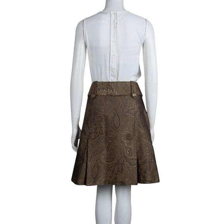 Pre Owned Michael Kors Gold Brocade Box Pleat Detail Belted Skirt M                                                                  