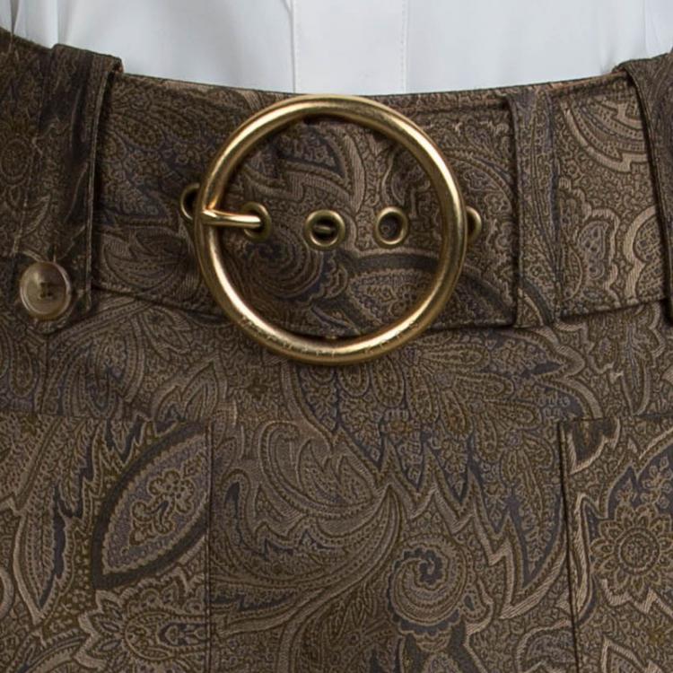 Pre Owned Michael Kors Gold Brocade Box Pleat Detail Belted Skirt M                                                                  