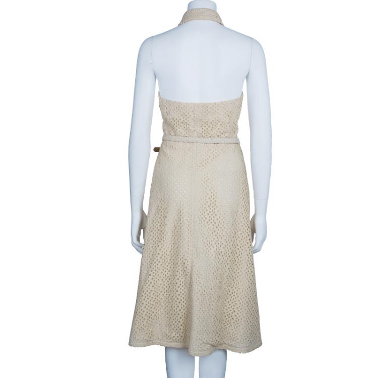 Pre Owned Michael Kors Beige Belted Eyelet Dress L