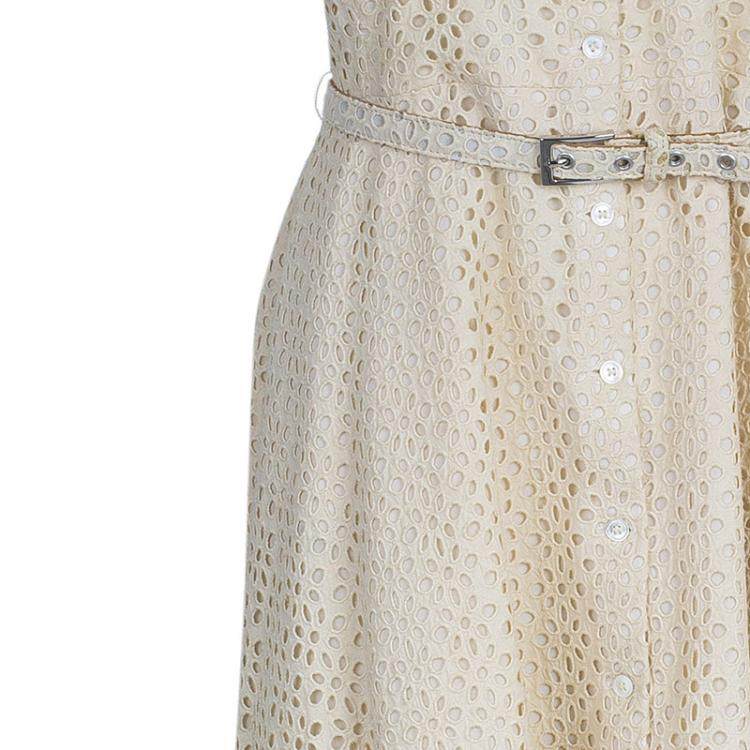 Pre Owned Michael Kors Beige Belted Eyelet Dress L