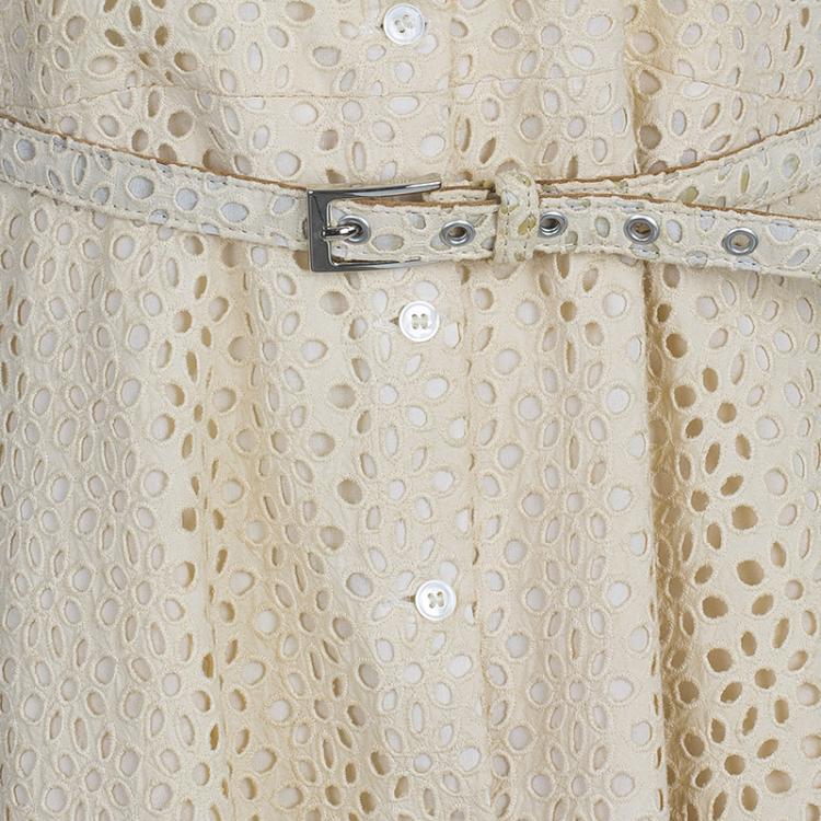Pre Owned Michael Kors Beige Belted Eyelet Dress L