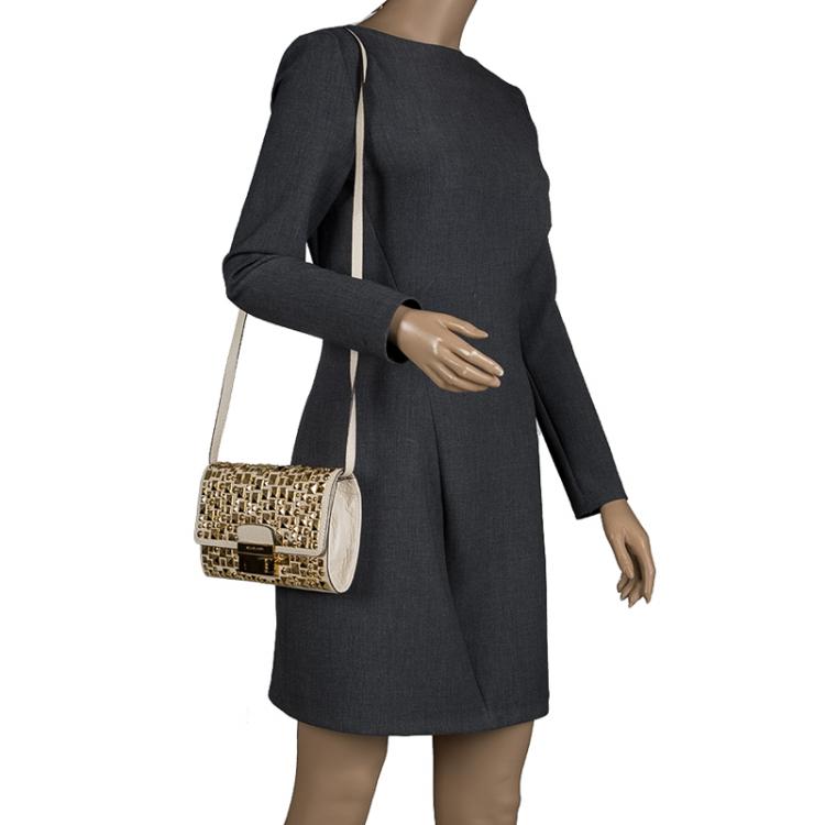 Pre Owned Michael Kors Off White Leather Studded Crossbody Bag