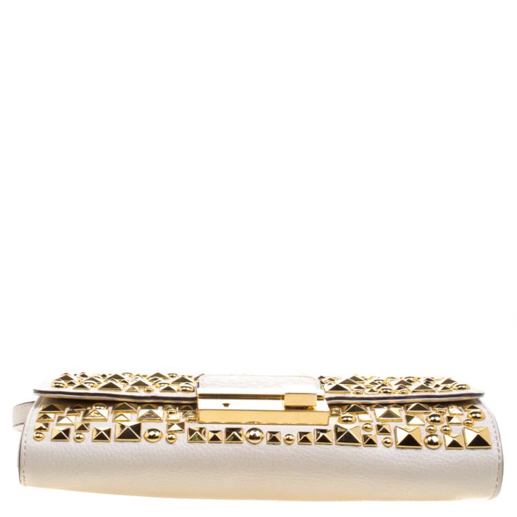 Pre Owned Michael Kors Off White Leather Studded Crossbody Bag