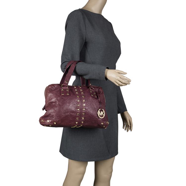 Pre Owned Michael Kors Burgundy Leather Studded Astor Satchel
