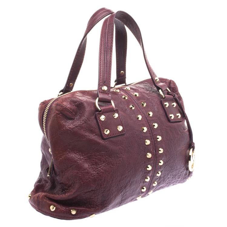 Pre Owned Michael Kors Burgundy Leather Studded Astor Satchel