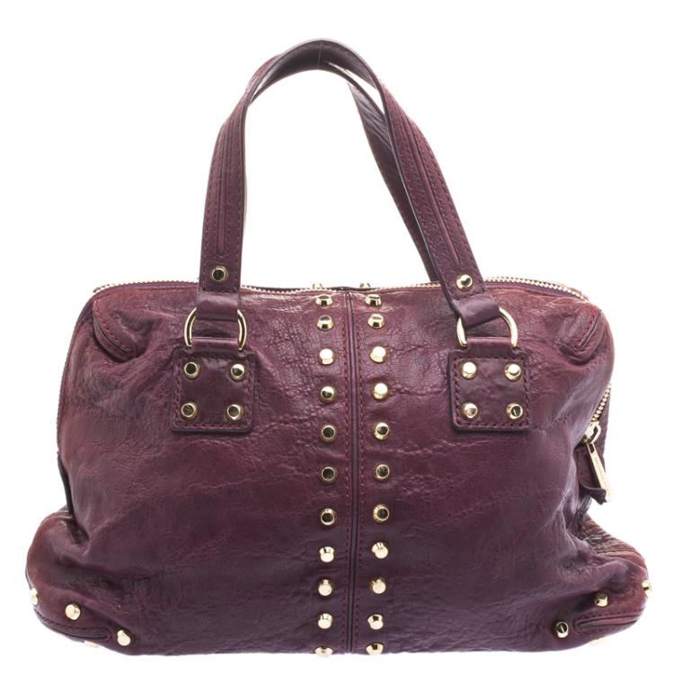 Pre Owned Michael Kors Burgundy Leather Studded Astor Satchel