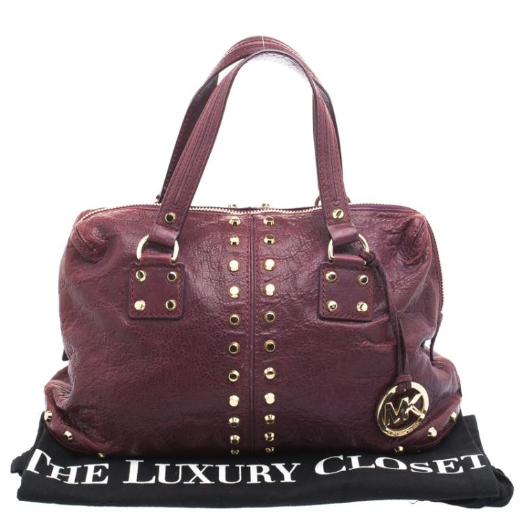 Pre Owned Michael Kors Burgundy Leather Studded Astor Satchel