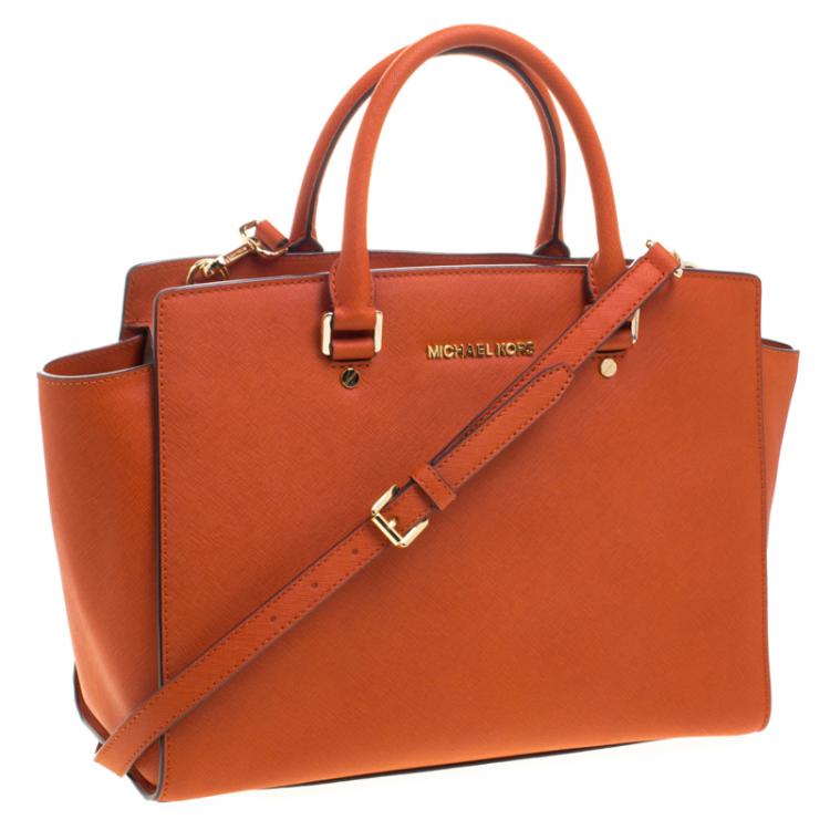 Pre Owned Michael Kors Orange Saffiano Leather Medium Selma Tote