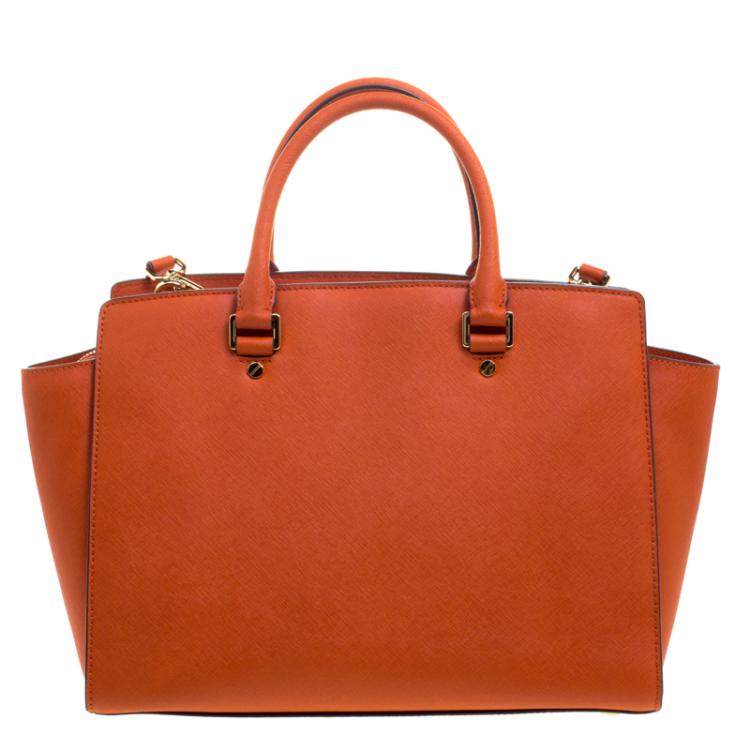 Pre Owned Michael Kors Orange Saffiano Leather Medium Selma Tote