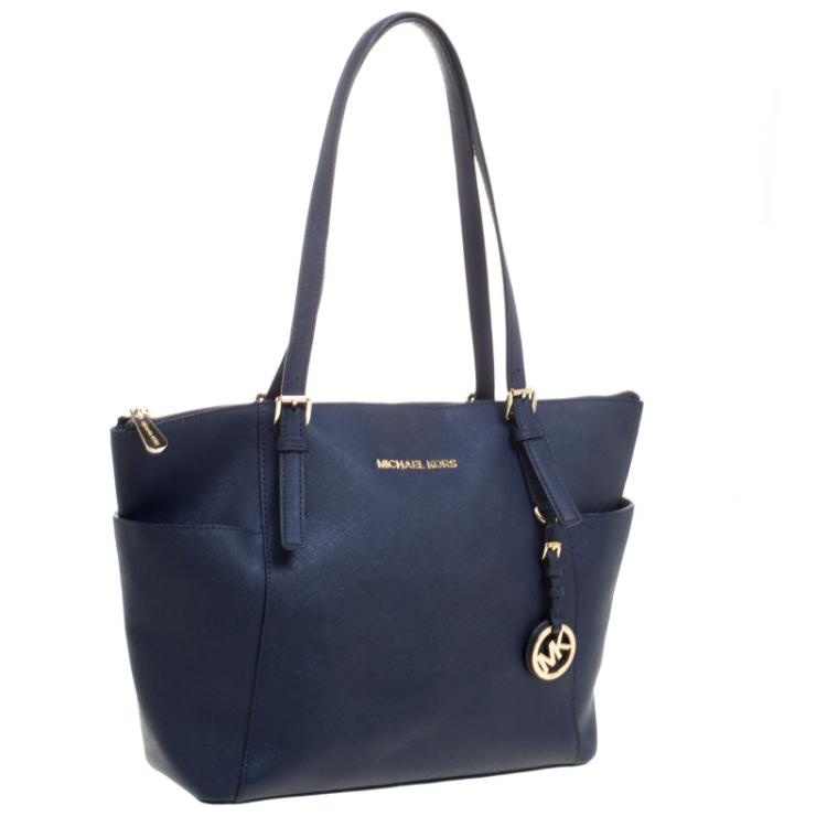 Pre Owned Michael Kors Dark Blue Saffiano Leather Top-zip Jet Set Tote