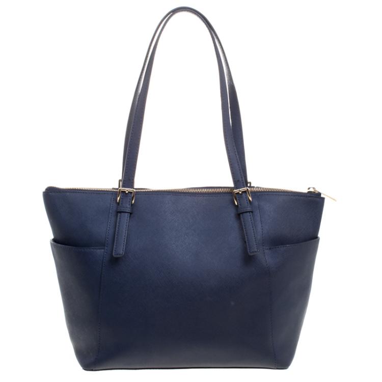 Pre Owned Michael Kors Dark Blue Saffiano Leather Top-zip Jet Set Tote
