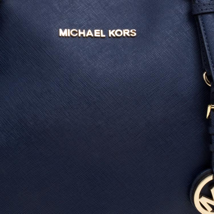 Pre Owned Michael Kors Dark Blue Saffiano Leather Top-zip Jet Set Tote