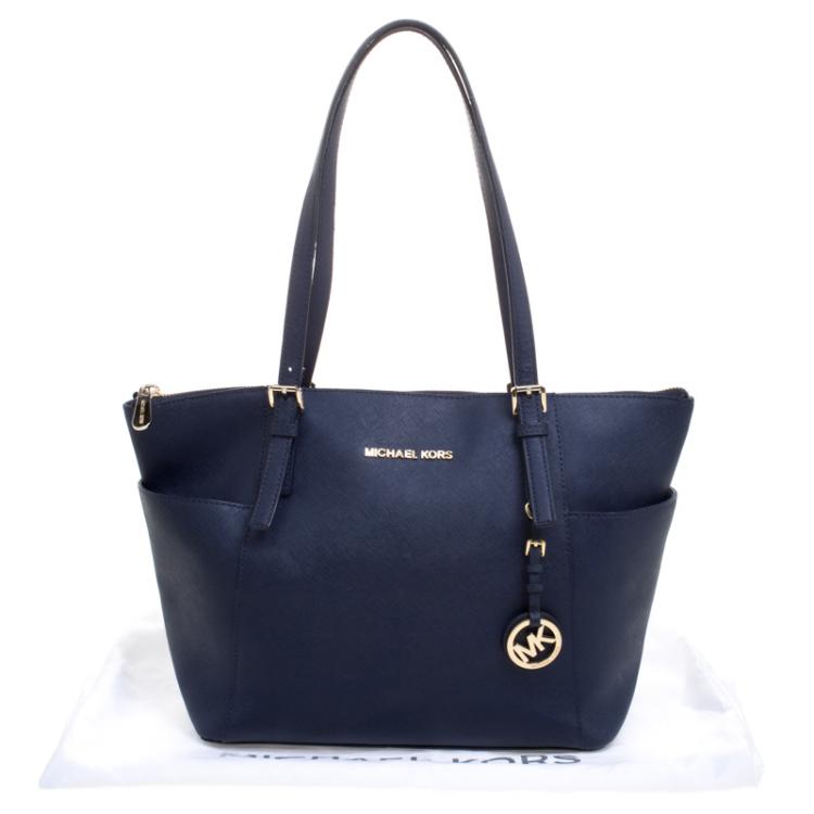 Pre Owned Michael Kors Dark Blue Saffiano Leather Top-zip Jet Set Tote