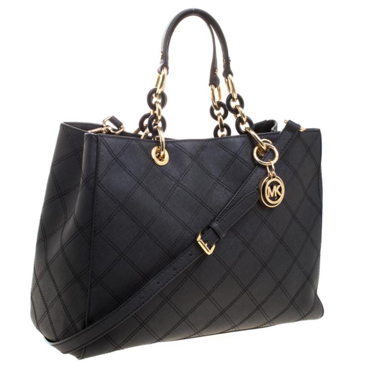 Pre Owned Michael Kors Black Leather Cynthia Cross Stitch Tote