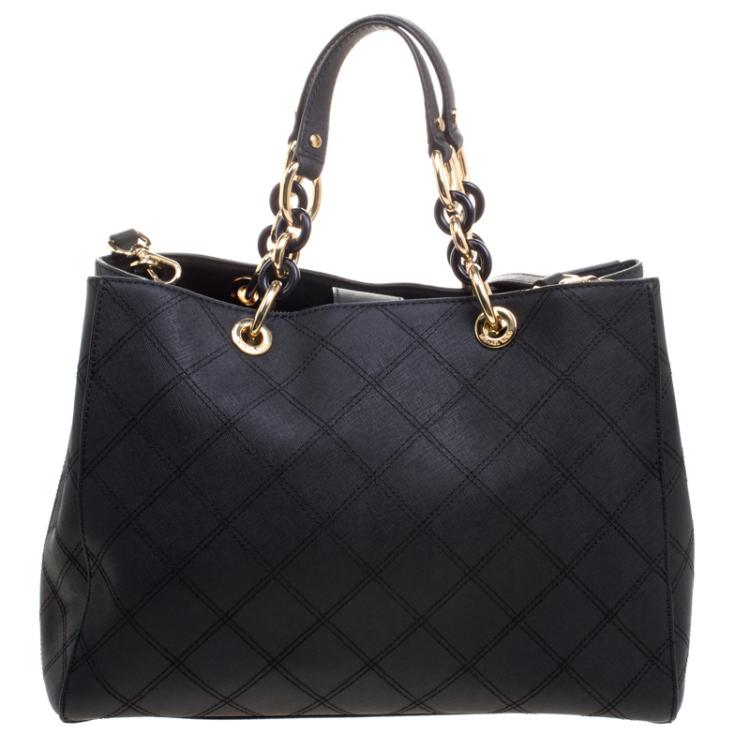 Pre Owned Michael Kors Black Leather Cynthia Cross Stitch Tote