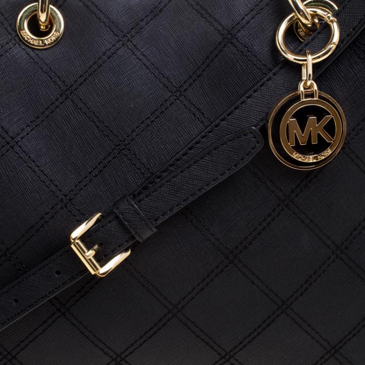 Pre Owned Michael Kors Black Leather Cynthia Cross Stitch Tote