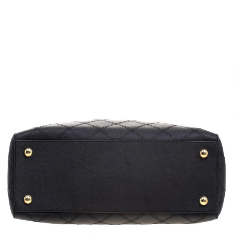 Pre Owned Michael Kors Black Leather Cynthia Cross Stitch Tote