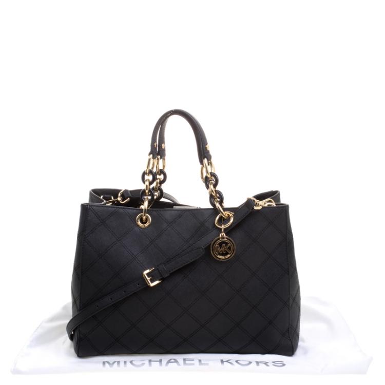 Pre Owned Michael Kors Black Leather Cynthia Cross Stitch Tote