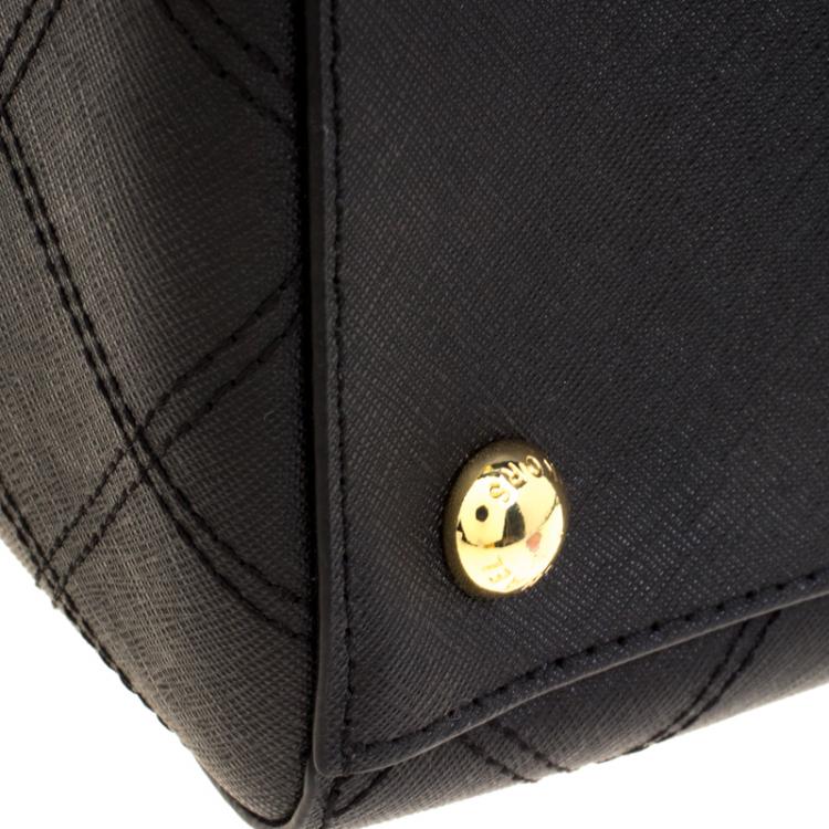 Pre Owned Michael Kors Black Leather Cynthia Cross Stitch Tote