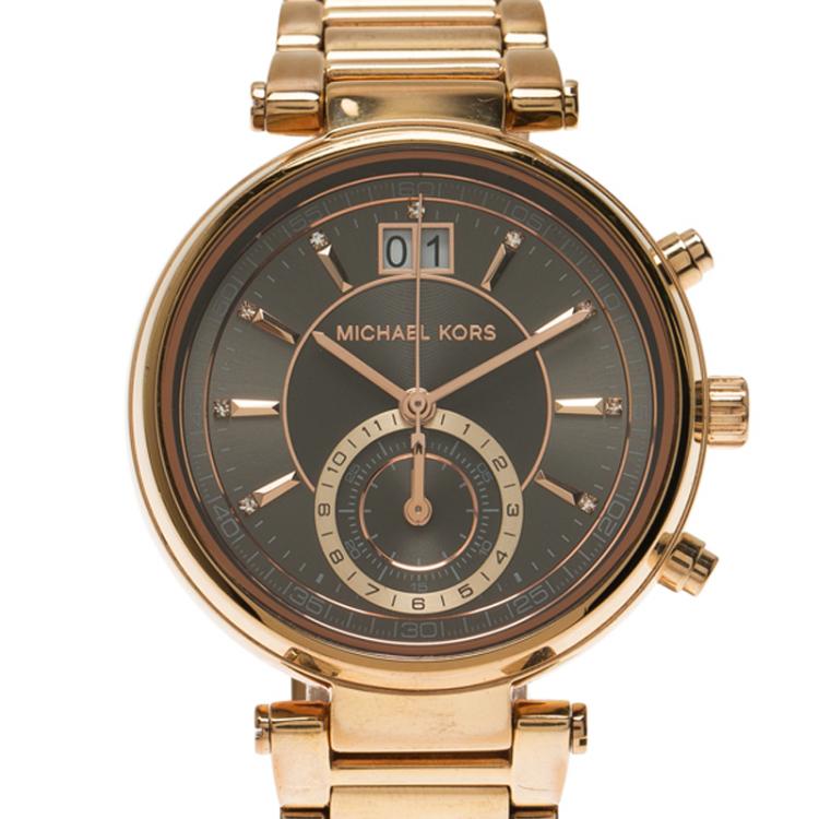مملوكة مسبقًا Michael Kors Grey Rose Gold-Plated Stainless Steel Sawyer MK6226 Women's Wristwatch 39MM