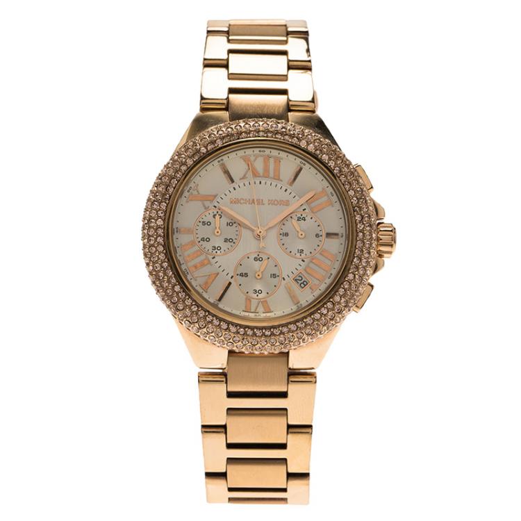 Pre Owned Michael Kors Cream Rose Gold-Plated Stainless Steel Crystal Camille MK5636 Women's Wristwatch 43MM