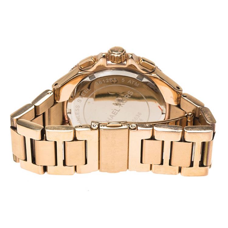 Pre Owned Michael Kors Cream Rose Gold-Plated Stainless Steel Crystal Camille MK5636 Women's Wristwatch 43MM