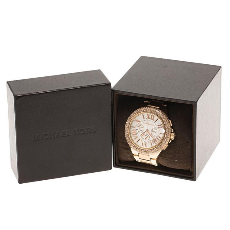 Pre Owned Michael Kors Cream Rose Gold-Plated Stainless Steel Crystal Camille MK5636 Women's Wristwatch 43MM