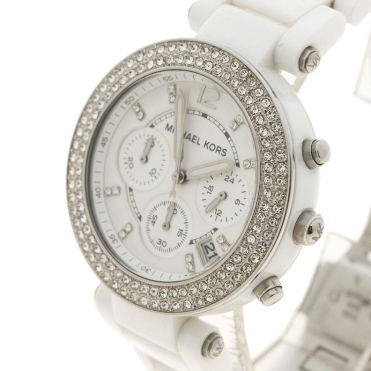 Pre Owned Michael Kors White Ceramic MK5654 Chronograph Women's Wristwatch 39MM