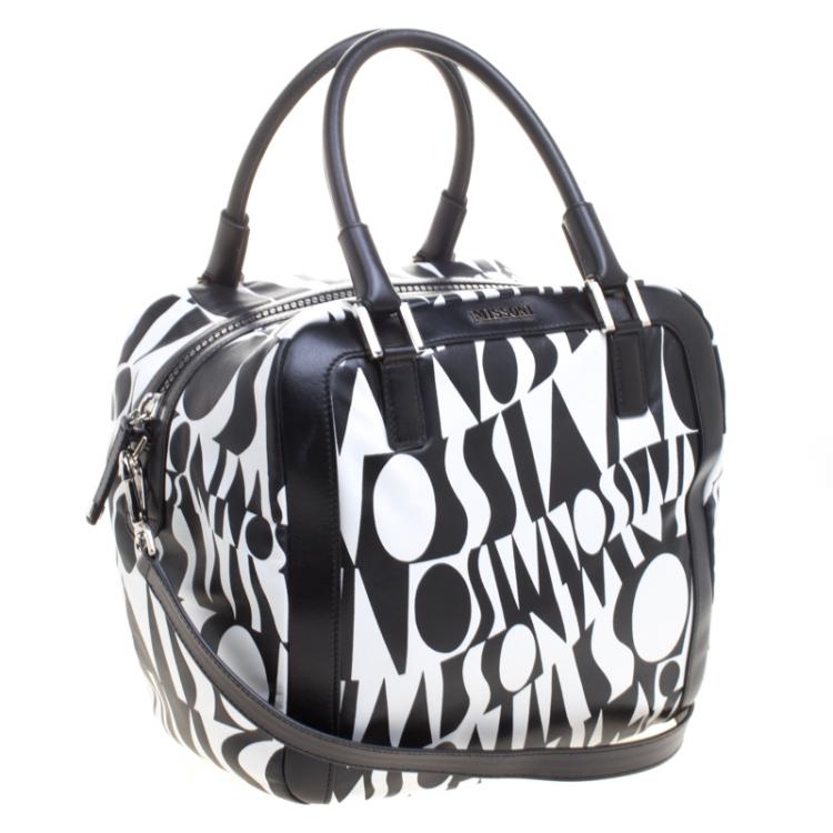Pre Owned Missoni Black and White Leather Logo Print Tote