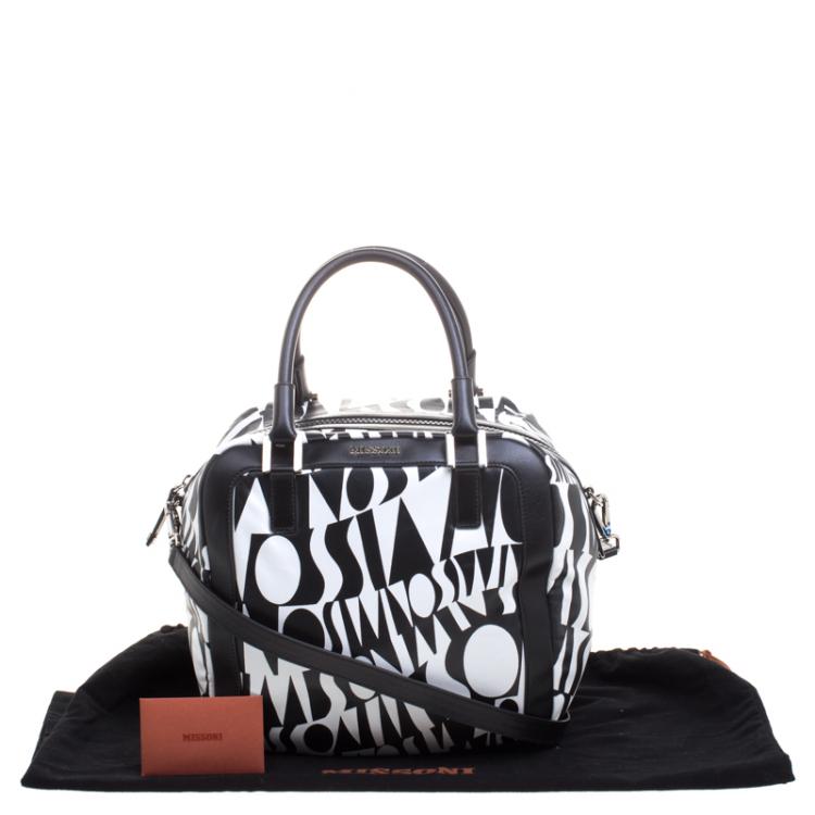 Pre Owned Missoni Black and White Leather Logo Print Tote