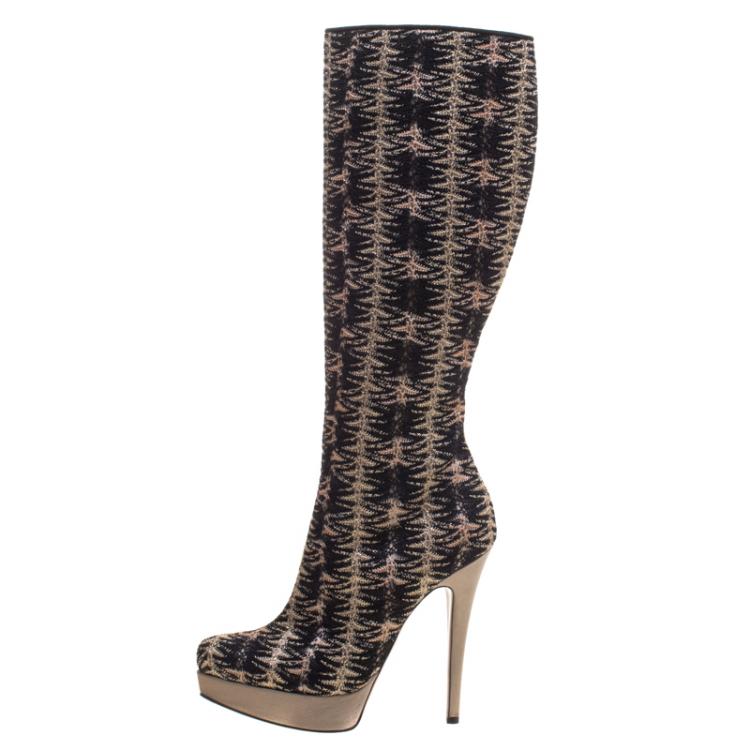 Pre Owned Missoni Black and Gold Patterned Knit Fabric  Knee High Boots Size 39