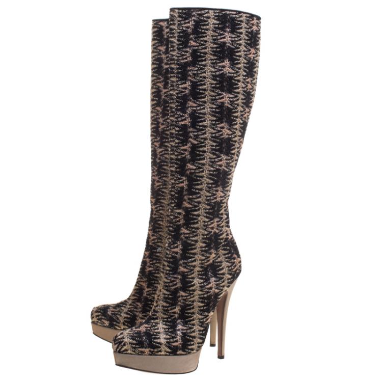 Pre Owned Missoni Black and Gold Patterned Knit Fabric  Knee High Boots Size 39
