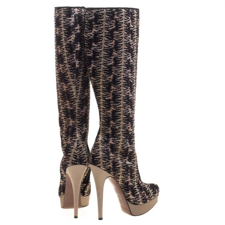Pre Owned Missoni Black and Gold Patterned Knit Fabric  Knee High Boots Size 39