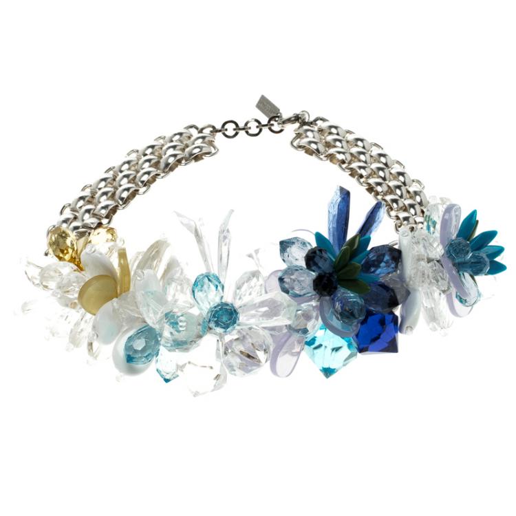 مملوكة مسبقًا Missoni Blue Crystal Flower Silver Tone Necklace
