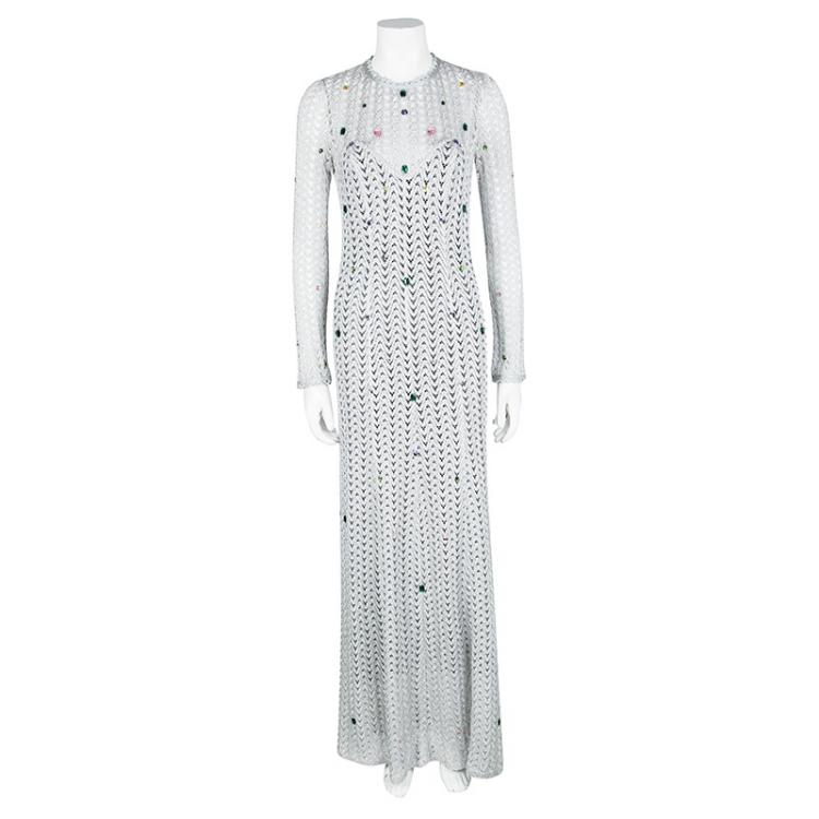 Pre Owned Missoni Metallic Lurex Perforated Knit Embellished Maxi Dress S