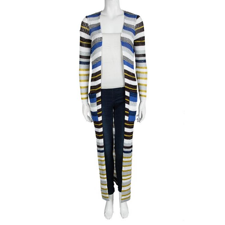 Pre Owned Missoni Multicolor Striped Lurex Knit Detail Open Front Long Cardigan S