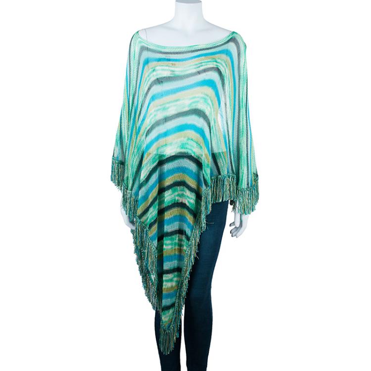 Pre Owned Missoni Blue Striped Knit Fringed Poncho OS