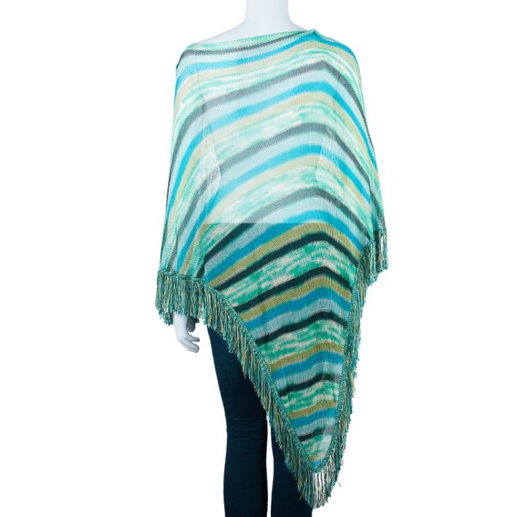 Pre Owned Missoni Blue Striped Knit Fringed Poncho OS