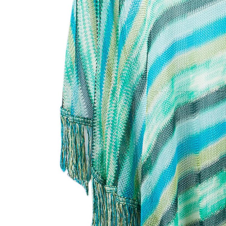 Pre Owned Missoni Blue Striped Knit Fringed Poncho OS